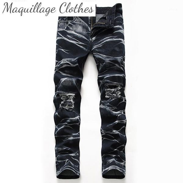 men's ripped holes jeans pants fashion pleated straight denim trousers male streetwear washed, Blue
men's ripped holes jeans pants fashion pleated straight denim trousers male streetwear washed, Blue