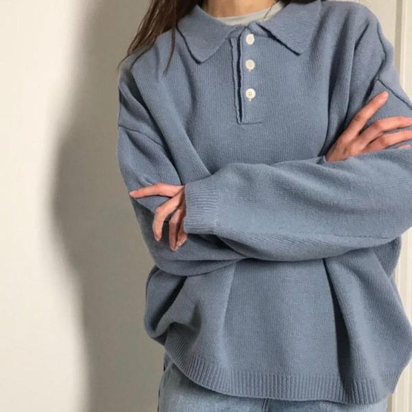 women's sweaters chic turn-down collar buttons long sleeve female spring casual loose knitting jumpers ladies sweater 2021, White;black
women's sweaters chic turn-down collar buttons long sleeve female spring casual loose knitting jumpers ladies sweater 2021, White;black