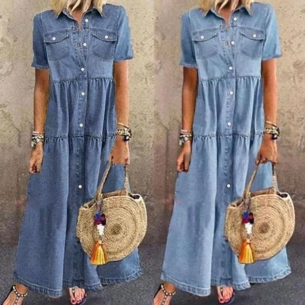 summer retro women denim dress short sleeve single-breasted turn down collar pockets loose maxi long robe casual dresses, Black;gray
summer retro women denim dress short sleeve single-breasted turn down collar pockets loose maxi long robe casual dresses, Black;gray