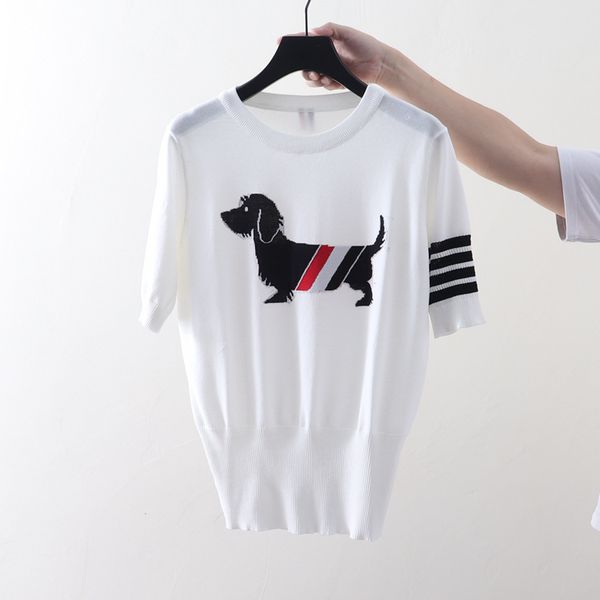 2021 summer new four bar stripe contrast color chest dog pattern round neck ice silk short sleeve t-shirt top, White
2021 summer new four bar stripe contrast color chest dog pattern round neck ice silk short sleeve t-shirt top, White