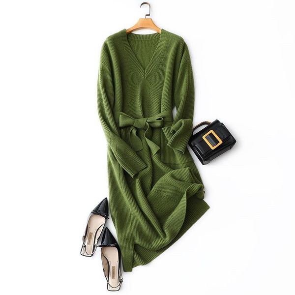 casual dresses european fashion winter styles thick women's v neck long sleeve luxury 100% cashmere knitted dress with belt, Black;gray
casual dresses european fashion winter styles thick women's v neck long sleeve luxury 100% cashmere knitted dress with belt, Black;gray