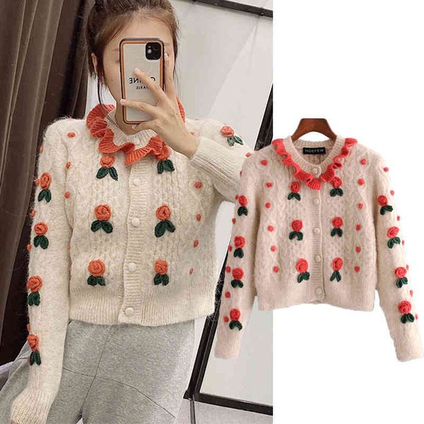 women's two piece pants za women 3d flower embroidery knitted sweater single breasted decorative o-neck cardigan casual bp15, White
women's two piece pants za women 3d flower embroidery knitted sweater single breasted decorative o-neck cardigan casual bp15, White
