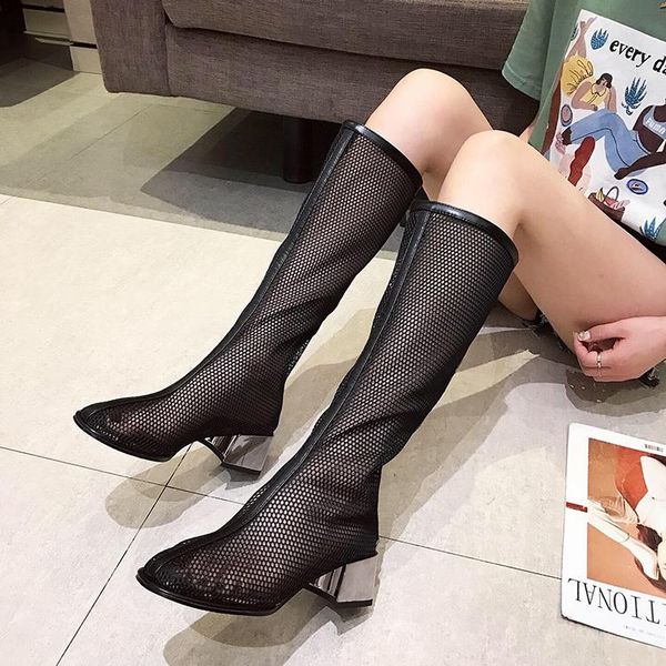roman thigh-high sandals with cut-out mesh heels, Black