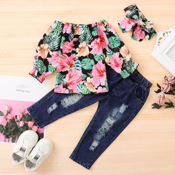clothing sets floral baby girls clothes toddler kids off shoulder +jeans hole pants +hairband, White
clothing sets floral baby girls clothes toddler kids off shoulder +jeans hole pants +hairband, White