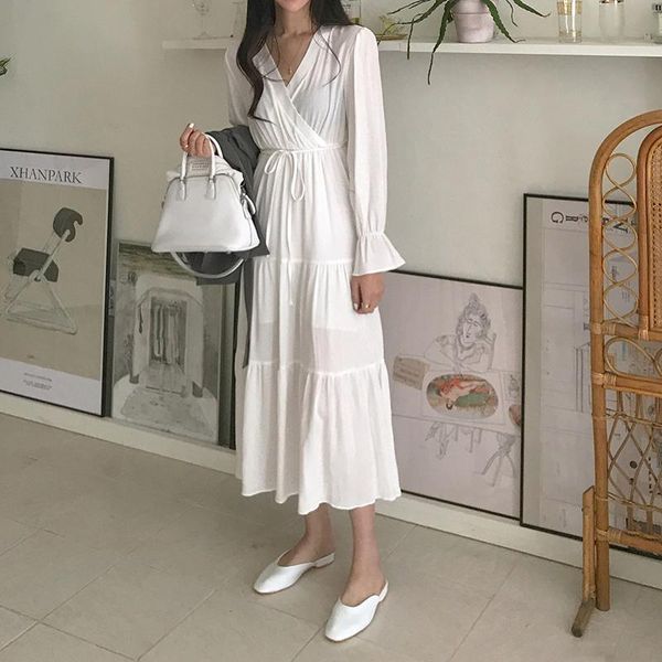 casual dresses v-neck long sleeve women chiffon dress 2021 spring white high slim waist lace-up mid-length vestidos femme, Black;gray
casual dresses v-neck long sleeve women chiffon dress 2021 spring white high slim waist lace-up mid-length vestidos femme, Black;gray