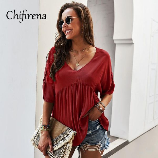 women's t-shirt chifirena summer women 2021 v neck cotton blend peplum female loose half sleeve solid tee ins irregular t shirts, White
women's t-shirt chifirena summer women 2021 v neck cotton blend peplum female loose half sleeve solid tee ins irregular t shirts, White