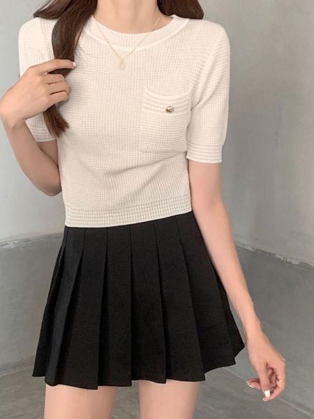 women's t-shirt women knitting crop o neck short sleeve summer sweet casual with pocket korean retro streetwear, White
women's t-shirt women knitting crop o neck short sleeve summer sweet casual with pocket korean retro streetwear, White