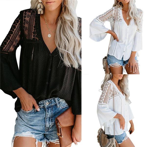 women's blouses & shirts women summer hollow-out shirt adults lace crochet solid color bell sleeve v-neck button down blouse, White
women's blouses & shirts women summer hollow-out shirt adults lace crochet solid color bell sleeve v-neck button down blouse, White
