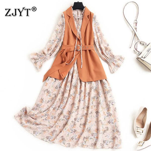 spring lady notched vest and flare sleeve print dress 2 piece suit women office robe femme midi casual party vestidos 210601, Black;gray 
spring lady notched vest and flare sleeve print dress 2 piece suit women office robe femme midi casual party vestidos 210601, Black;gray