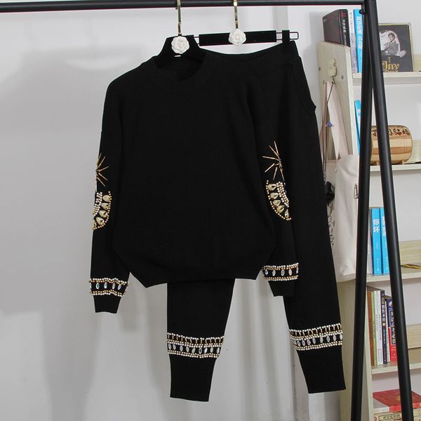 women's two piece pants fashion black knitted tracksuits set women beading embroidery sweater pencil outfits female loose casual k, White
women's two piece pants fashion black knitted tracksuits set women beading embroidery sweater pencil outfits female loose casual k, White