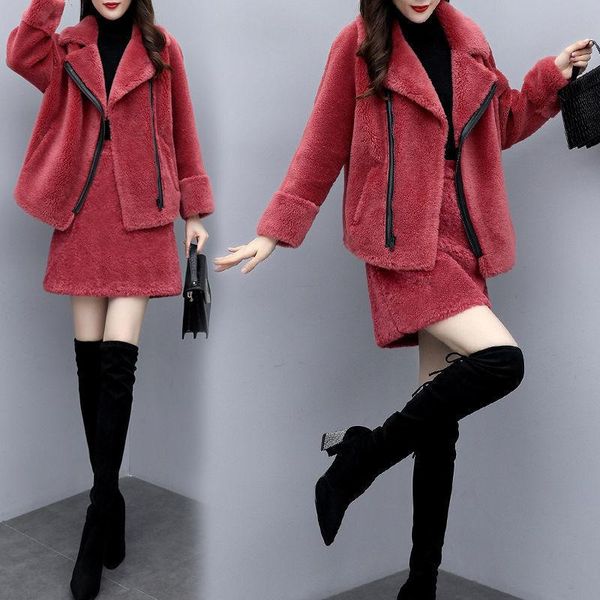 two piece dress women's winter imitation lamb wool two-piece skirt jacket short half-length casual fashion suit, White
two piece dress women's winter imitation lamb wool two-piece skirt jacket short half-length casual fashion suit, White