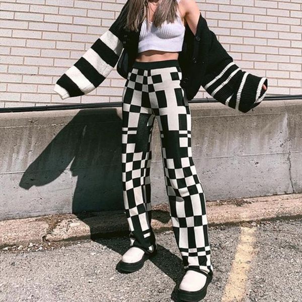 za knit plaid vintage womens capris summer white and black streetwear high waist wide leg women fashion casual long trousers, Black;white
za knit plaid vintage womens capris summer white and black streetwear high waist wide leg women fashion casual long trousers, Black;white
