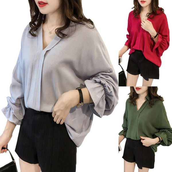 women solid color deep v turndown collar long sleeve loose shirt blouse women's blouses & shirts, White
women solid color deep v turndown collar long sleeve loose shirt blouse women's blouses & shirts, White