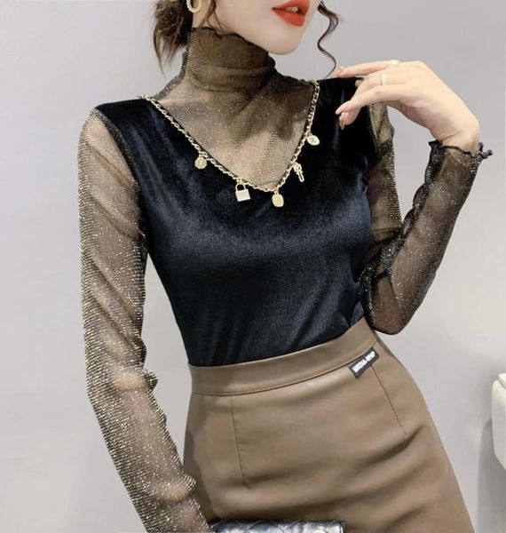 women's t-shirt fall winter tees korean clothes lady slim chic patchwork mesh fake two pieces chain women, White
women's t-shirt fall winter tees korean clothes lady slim chic patchwork mesh fake two pieces chain women, White