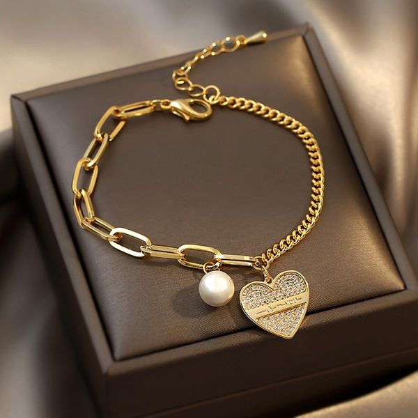 link, chain trendy elegant love heart shaped pearl pendant bracelet for women girl temperament jewelry zircon ins gift, Black
link, chain trendy elegant love heart shaped pearl pendant bracelet for women girl temperament jewelry zircon ins gift, Black