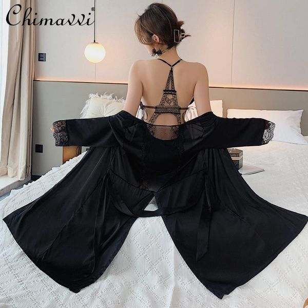 women's sleepwear hollow-out beauty back sling nightdress silk robe honeymoon two-piece set female satin with chest pad nightgown, Black;red
women's sleepwear hollow-out beauty back sling nightdress silk robe honeymoon two-piece set female satin with chest pad nightgown, Black;red