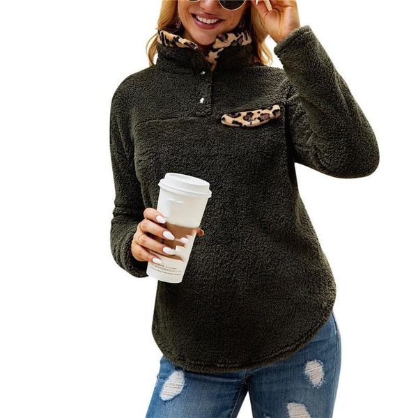 women's hoodies & sweatshirts women fleece sweatshirt winter casual faux fur leopard patchwork fluffly warm lapel thick female, Black