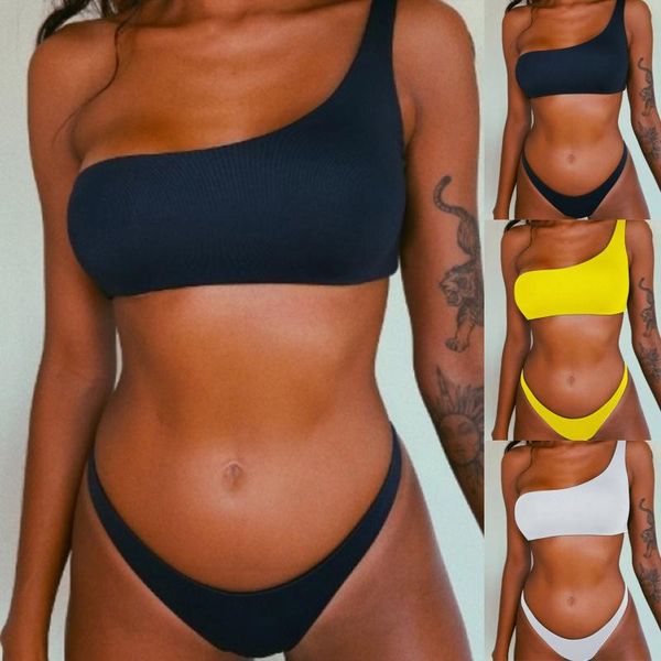 women's swimwear women solid color two piece bikini set push up bathing suit high waist one shoulder swimsuit maillot de bain femme, White;black
women's swimwear women solid color two piece bikini set push up bathing suit high waist one shoulder swimsuit maillot de bain femme, White;black