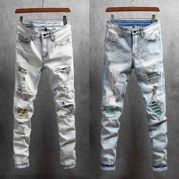 men's jeans american streetwear fashion men elastic cotton destroyed ripped denim punk trousers patches hip hop pants, Blue
men's jeans american streetwear fashion men elastic cotton destroyed ripped denim punk trousers patches hip hop pants, Blue