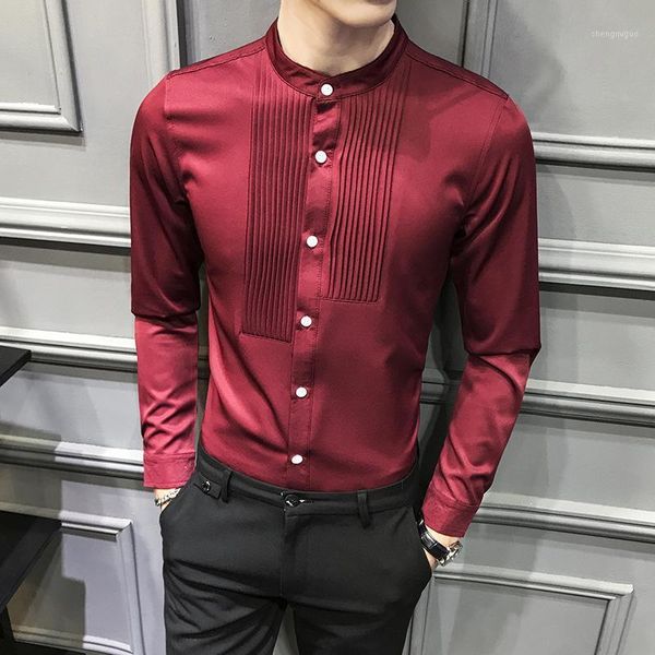 men shirts front pleated small stand collar solid long sleeve blouse male gentleman party wedding dress slim fit men's, White;black
men shirts front pleated small stand collar solid long sleeve blouse male gentleman party wedding dress slim fit men's, White;black
