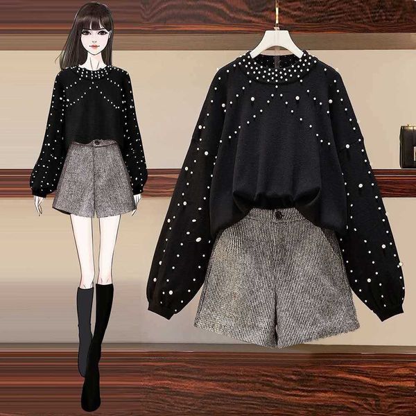 women's two piece pants autumn winter shorts set women pearls beading loose knitted sweater + woolen pocket suit mini pan qaym, White
women's two piece pants autumn winter shorts set women pearls beading loose knitted sweater + woolen pocket suit mini pan qaym, White