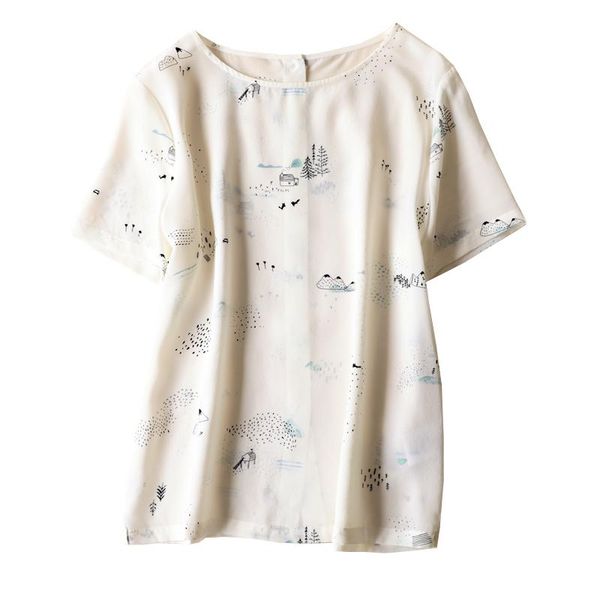 elfstyle silk 100% printing o neck short sleeve blouse features back with button closured women's blouses & shirts, White
elfstyle silk 100% printing o neck short sleeve blouse features back with button closured women's blouses & shirts, White