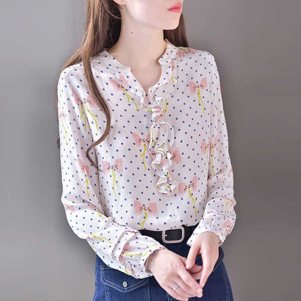 women's spring autumn style blouses shirt v-neck long sleeve polka dot ruffles korean casual df3935 210609, White
women's spring autumn style blouses shirt v-neck long sleeve polka dot ruffles korean casual df3935 210609, White