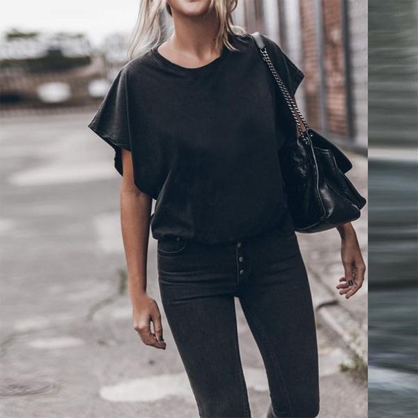 women's t-shirt summer round neck fashion lady short sleeve loose solid color trumpet top, White
women's t-shirt summer round neck fashion lady short sleeve loose solid color trumpet top, White