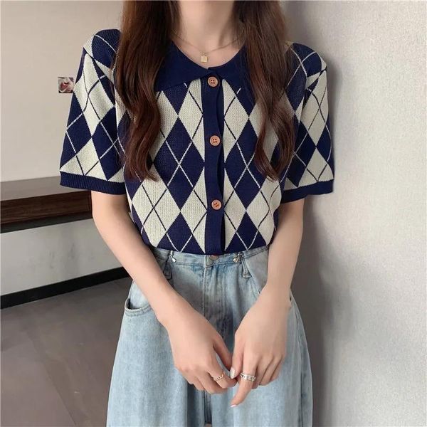 women's knits & tees women vintage turn down collar short sleeve geometry diamond plaid knitted sweater cardigan summer check knitwear, White
women's knits & tees women vintage turn down collar short sleeve geometry diamond plaid knitted sweater cardigan summer check knitwear, White