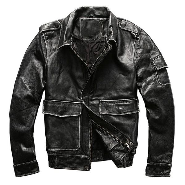 men's leather & faux distressed cowhide coat genuine jacket first layer flight suit fashion cool, Black
men's leather & faux distressed cowhide coat genuine jacket first layer flight suit fashion cool, Black