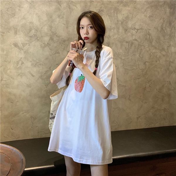 women's t-shirt ytx1182 2021 loose mid-length bottoms missing cute strawberry print short-sleeved, White 
women's t-shirt ytx1182 2021 loose mid-length bottoms missing cute strawberry print short-sleeved, White