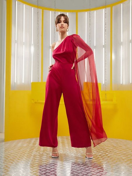 x designs by zahmar one shoulder contrast mesh cloak sleeve wide leg jumpsuit 62xz#, White
x designs by zahmar one shoulder contrast mesh cloak sleeve wide leg jumpsuit 62xz#, White