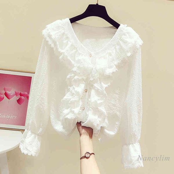 blouses v-neck flounce shirt women's spring elegant flare sleeve single-breasted casual all-match blouses blusas, White
blouses v-neck flounce shirt women's spring elegant flare sleeve single-breasted casual all-match blouses blusas, White