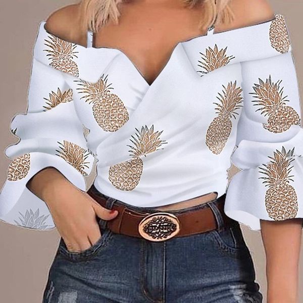 women's blouses & shirts off shoulder pleated pullover lady casual flare sleeve blusa women elegant pineapple print v-neck straps, White
women's blouses & shirts off shoulder pleated pullover lady casual flare sleeve blusa women elegant pineapple print v-neck straps, White