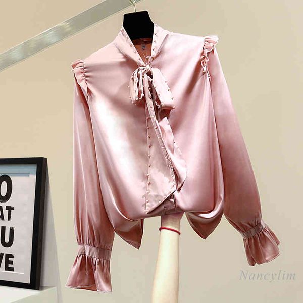 blouses beaded glossy shirt woman spring korean style loose solid color temperament office lady ruffled bowknot blouses, White
blouses beaded glossy shirt woman spring korean style loose solid color temperament office lady ruffled bowknot blouses, White
