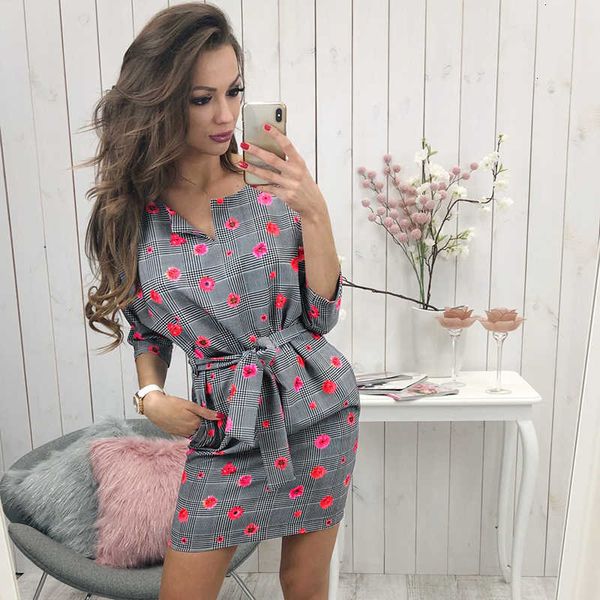 casual dresses autumn lace-up waist floral printed women elegant fashion slim mini female 3/4 sleeve party vestidos d0hn, Black;gray