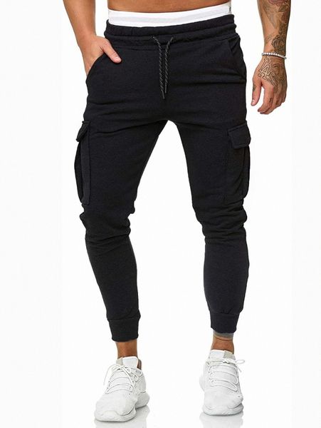 men solid flap pocket sweatpants z43i#, Black