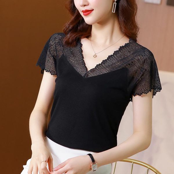 women's blouses & shirts office ladies lace shirt women 2021 summer short sleeve model patchwork black v neck plus size t-shirt, White
women's blouses & shirts office ladies lace shirt women 2021 summer short sleeve model patchwork black v neck plus size t-shirt, White
