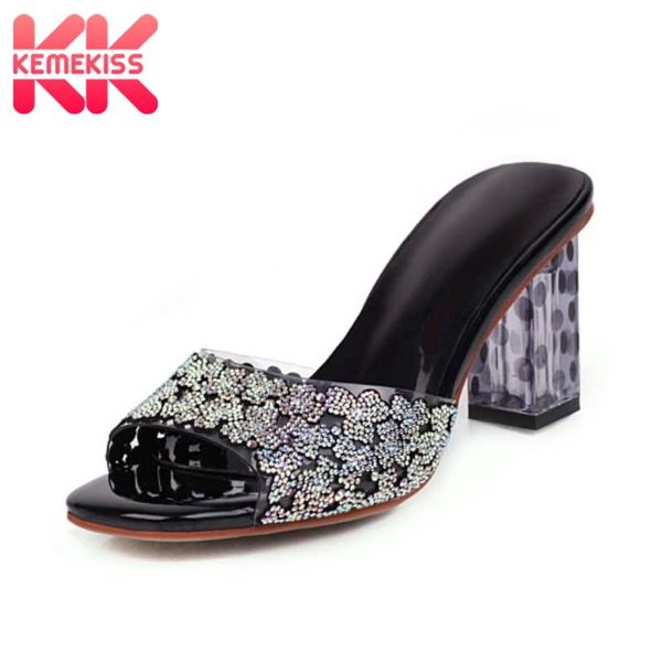 kemekiss square heel women sandals fashion slip on shoes sweet crystal peep toe outdoor casual female slippers size 34-43, Black