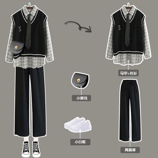 women's tracksuits preppy women's three-piece suit spring autumn long-sleeved plaid shirt + knitted sweater vest casual wide-leg p, Gray
women's tracksuits preppy women's three-piece suit spring autumn long-sleeved plaid shirt + knitted sweater vest casual wide-leg p, Gray