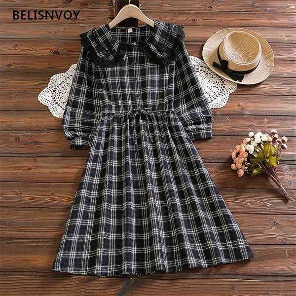 england style spring autumn women mini dress peter pan collar with black lace retro plaid elegant long sleeve a-line 210520, Black;gray
england style spring autumn women mini dress peter pan collar with black lace retro plaid elegant long sleeve a-line 210520, Black;gray