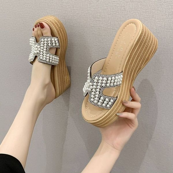 high heeled slippers women's summer new muffin thick bottom slope heel anti slip flip flop fashion women's sandals, Black
high heeled slippers women's summer new muffin thick bottom slope heel anti slip flip flop fashion women's sandals, Black