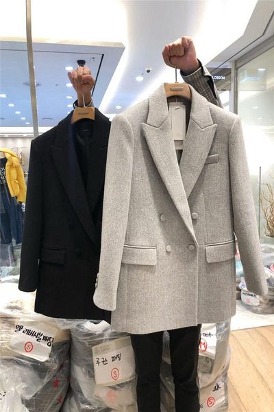 women's suits & blazers grey temperament woolen blazer jacket double-breasted korean autumn and winter 2021 black suit coat outerwear, White;black
women's suits & blazers grey temperament woolen blazer jacket double-breasted korean autumn and winter 2021 black suit coat outerwear, White;black
