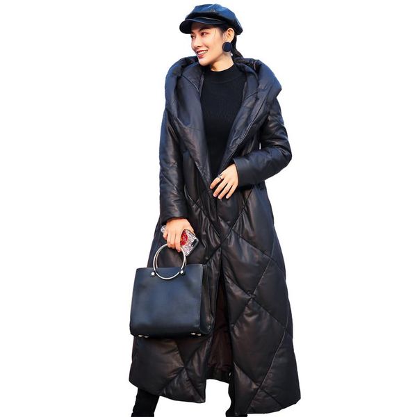 women's leather & faux genuine sheepskin suede coat duck down lingning with hoody belt winter women x-long outerwear lf21017bm, Black
women's leather & faux genuine sheepskin suede coat duck down lingning with hoody belt winter women x-long outerwear lf21017bm, Black