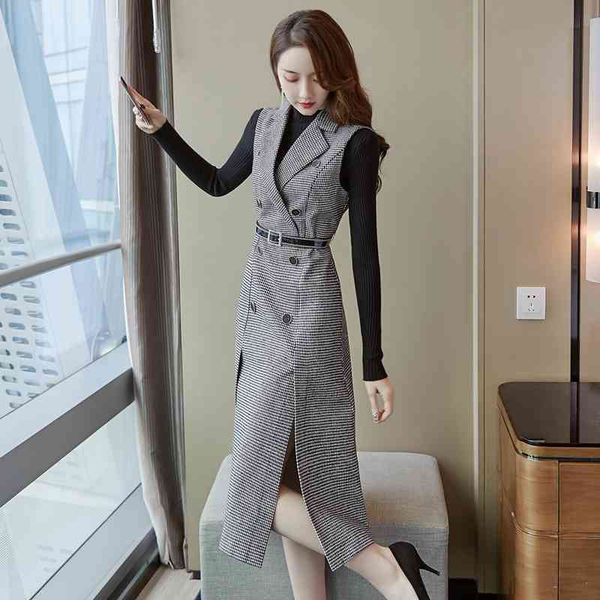 autumn winter vintage elegant women two piece houndstooth notched vest long dress set + black slim knitting suit 210514, White
autumn winter vintage elegant women two piece houndstooth notched vest long dress set + black slim knitting suit 210514, White