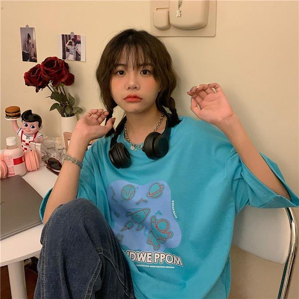 women's t-shirt summer cartoon printing mid-length loose short-sleeved casual all-match college style women, White
women's t-shirt summer cartoon printing mid-length loose short-sleeved casual all-match college style women, White