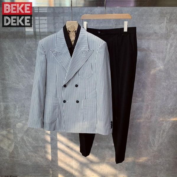 elegant mens suits two piece set double breasted striped blazer jacket black suit pants fashion party wedding dress matching men's & bl, White;black
elegant mens suits two piece set double breasted striped blazer jacket black suit pants fashion party wedding dress matching men's & bl, White;black