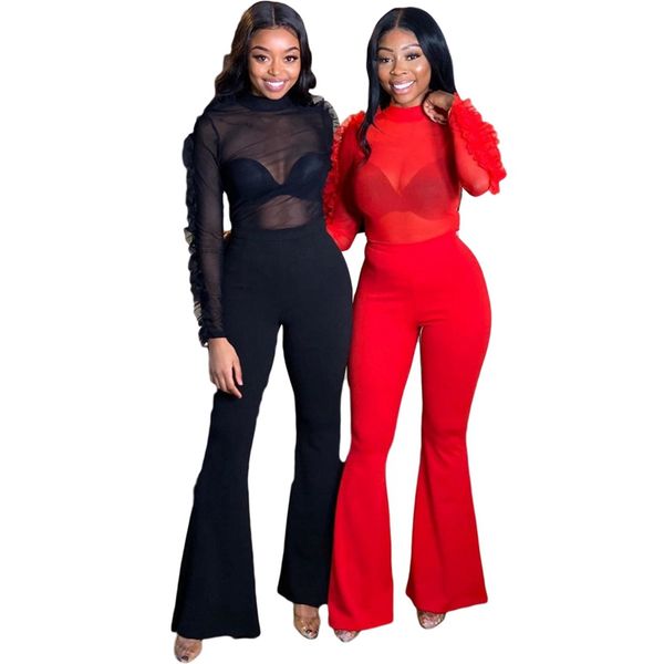 2 piece set women outfits party club two piece set elegant ruffle mesh crop flare pants set sister matching clothes, Black;white
2 piece set women outfits party club two piece set elegant ruffle mesh crop flare pants set sister matching clothes, Black;white