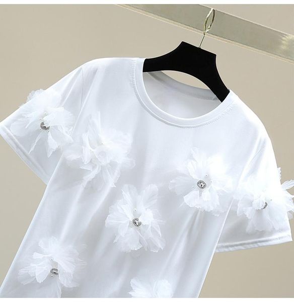 women's t-shirt beads rhinestones short sleeve for women 2021 summer korean style loose o neck personality three-dimensional flower top, White
women's t-shirt beads rhinestones short sleeve for women 2021 summer korean style loose o neck personality three-dimensional flower top, White