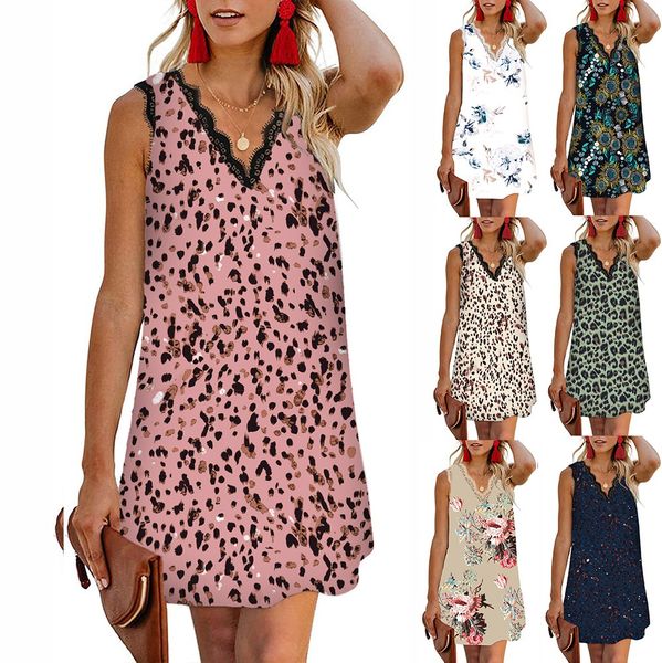 2021 european and american bottomed t-shirt summer new v-neck eyelash lace sleeveless printed women's dress, White
2021 european and american bottomed t-shirt summer new v-neck eyelash lace sleeveless printed women's dress, White